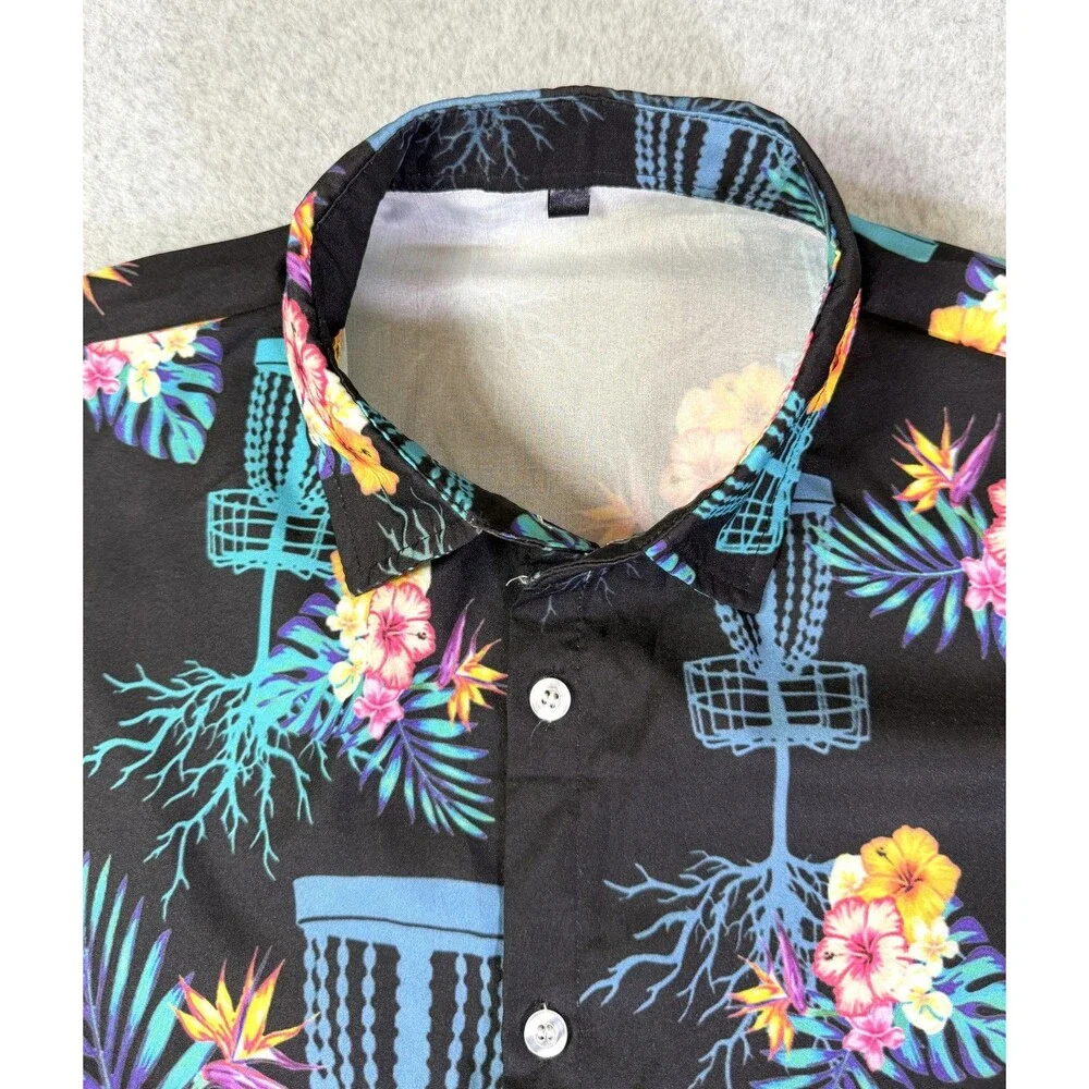 Disc Golf Hawaiian Shirt Men's Tropical Basket Floral Print Button Up Size Small